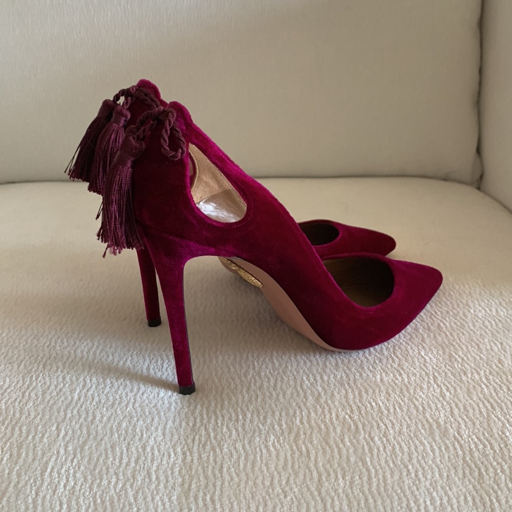 Aquazzura Forever Marilyn burgundy tassel heels